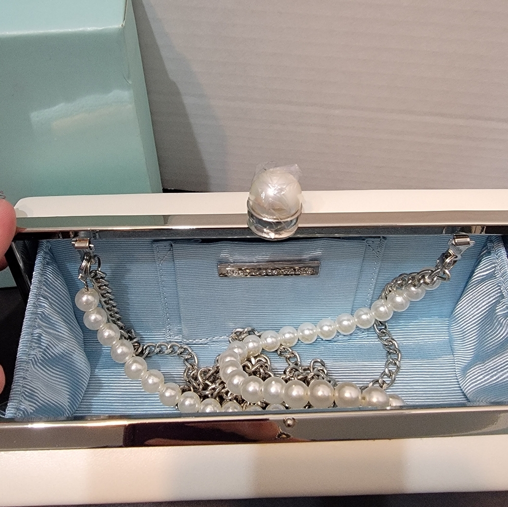 Charlotte Mills Elegant White Clutch with Pearl Chain